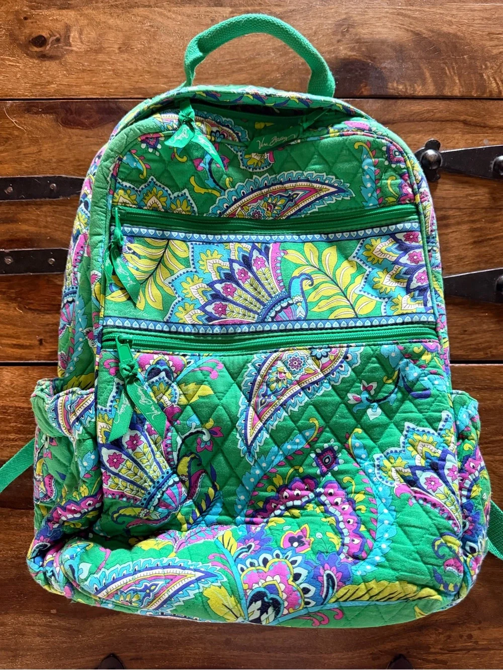 Vera Bradley Green Quilted Paisley Backpack with Pink & Yellow Accents